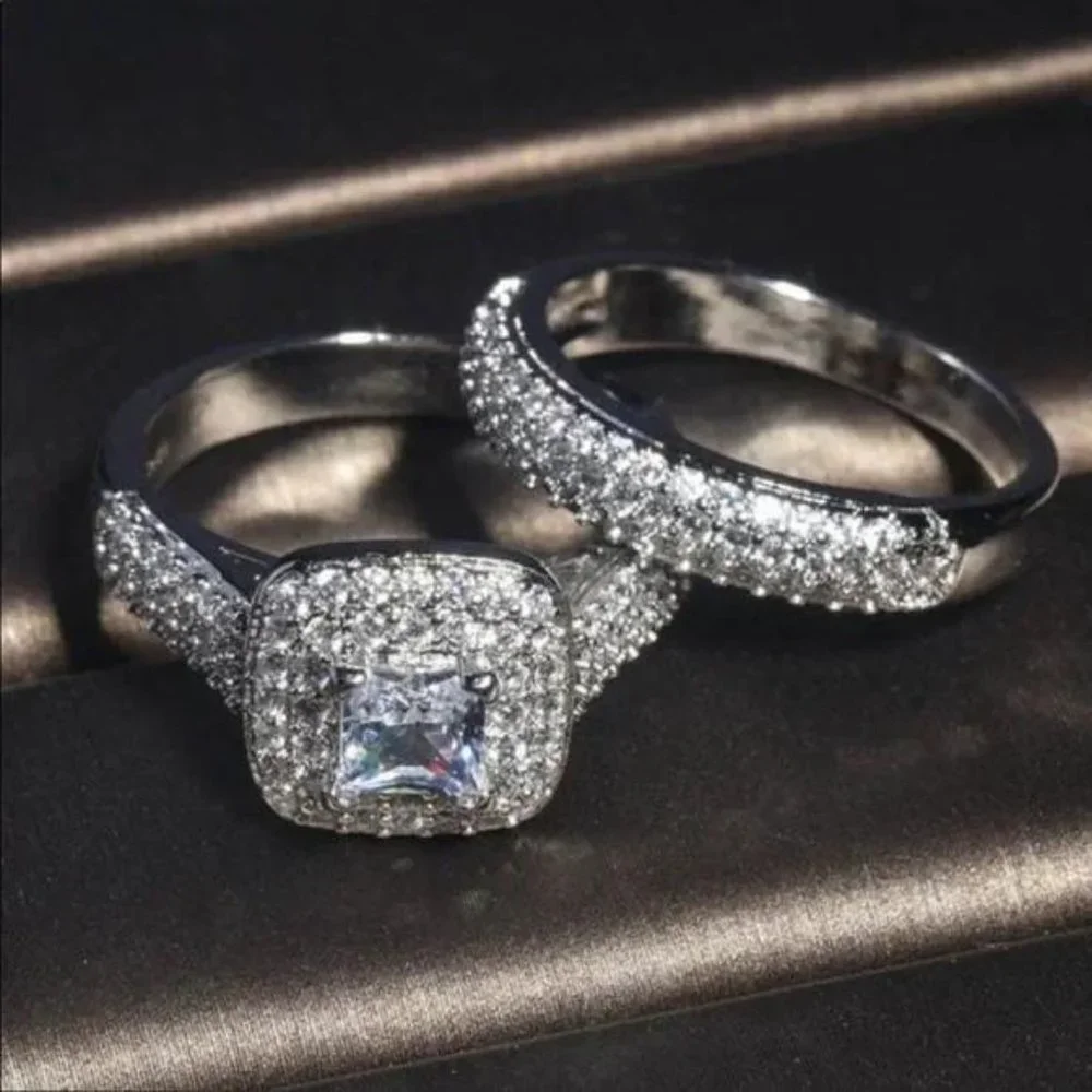 PRINCESS 925 STERLING SILVER DIAMOND HALO RING SET, CUTE RING, SHINY RING. - Picture 5 of 7